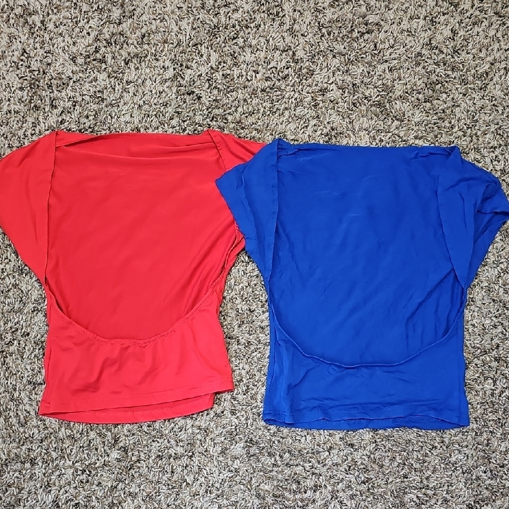 SHEIN Red and Blue Short Sleeve Top Open Back Tops